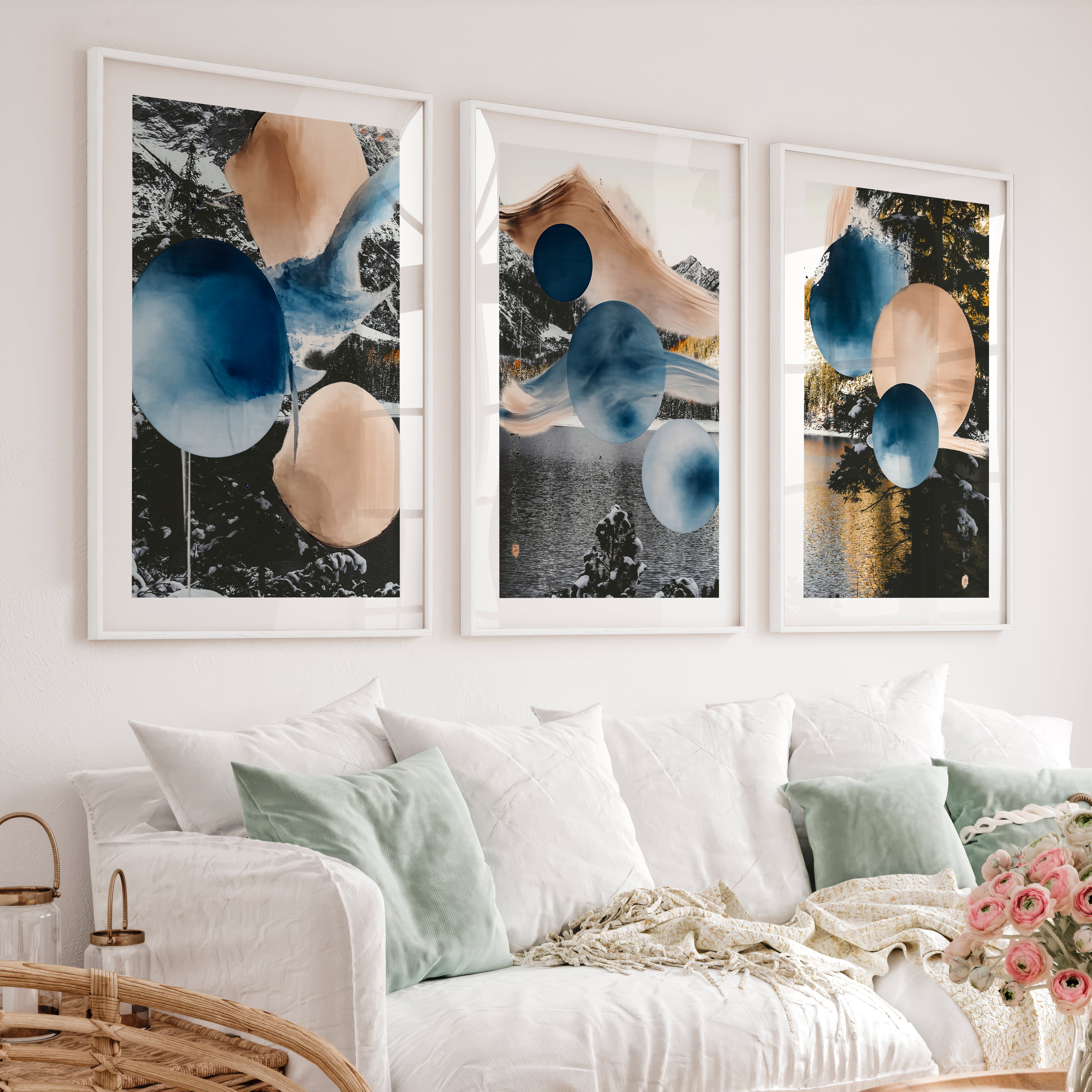Abstract Circle japandi style painting in Indigo and Sand - White Framed Poster with White Border - Artworksets