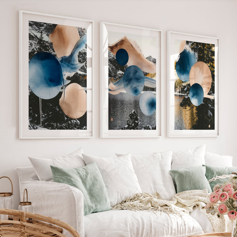 Abstract Circle japandi style painting in Indigo and Sand - White Framed Poster with White Border - Artworksets