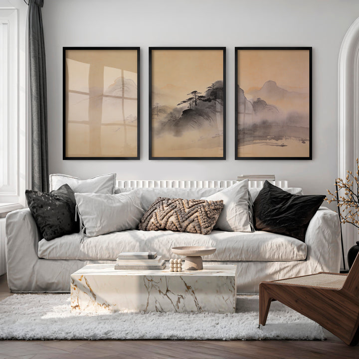 Misty Mountain japandi style painting with Pine Ridges - Black Framed Poster No Border - Artworksets