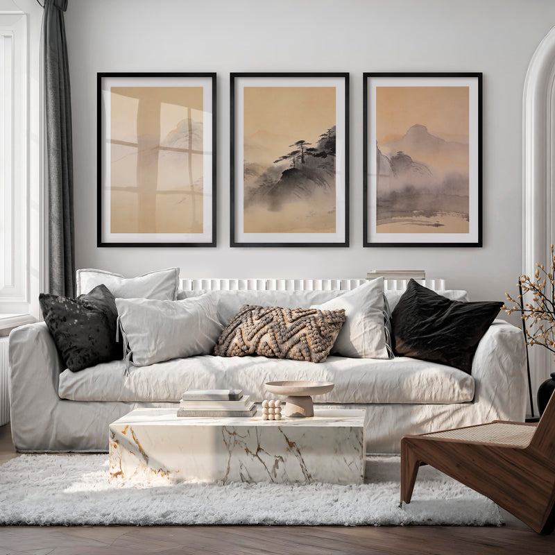 Misty Mountain japandi style painting with Pine Ridges - Black Framed Poster with White Border - Artworksets