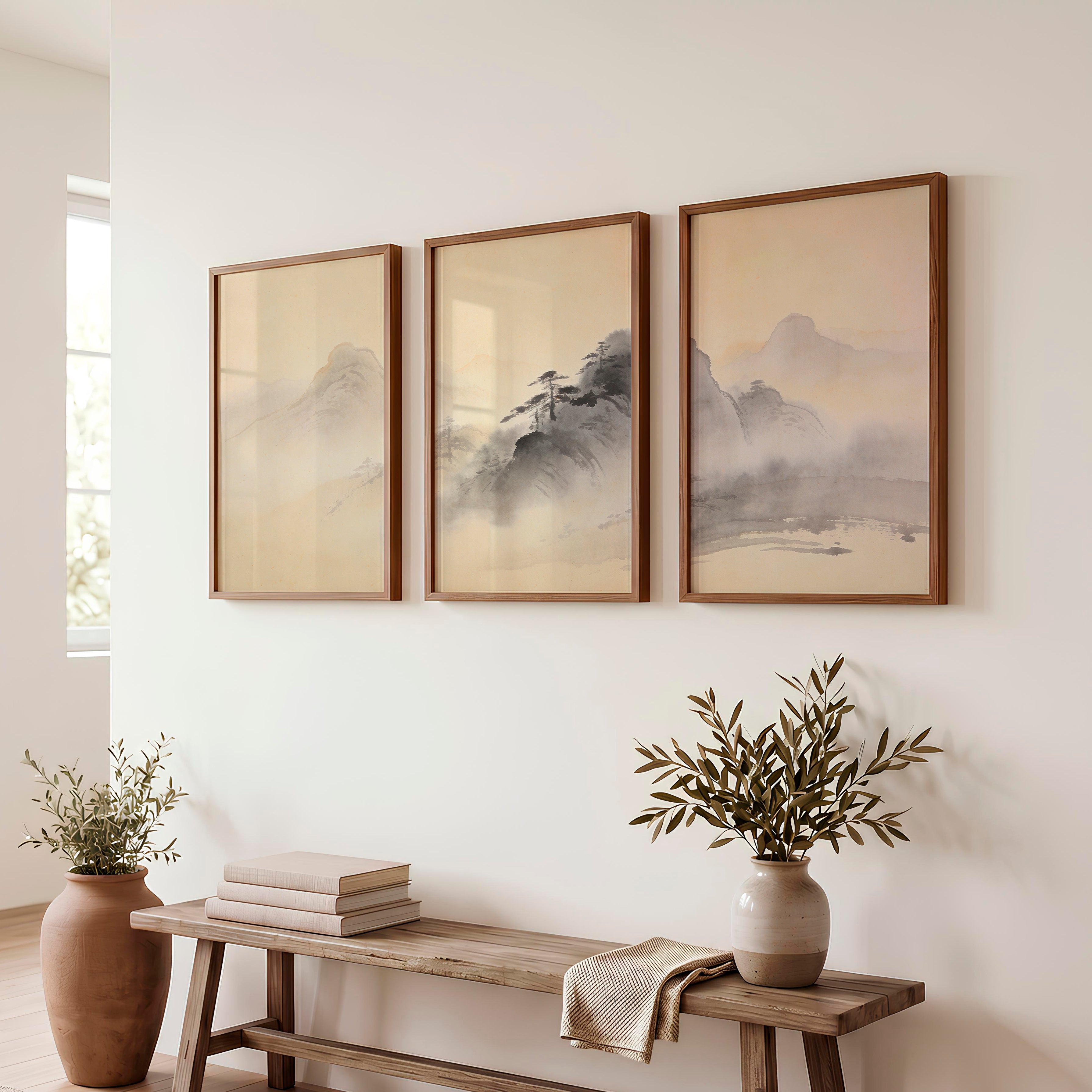 Misty Mountain japandi style painting with Pine Ridges - Dark Brown Framed Poster No Border - Artworksets