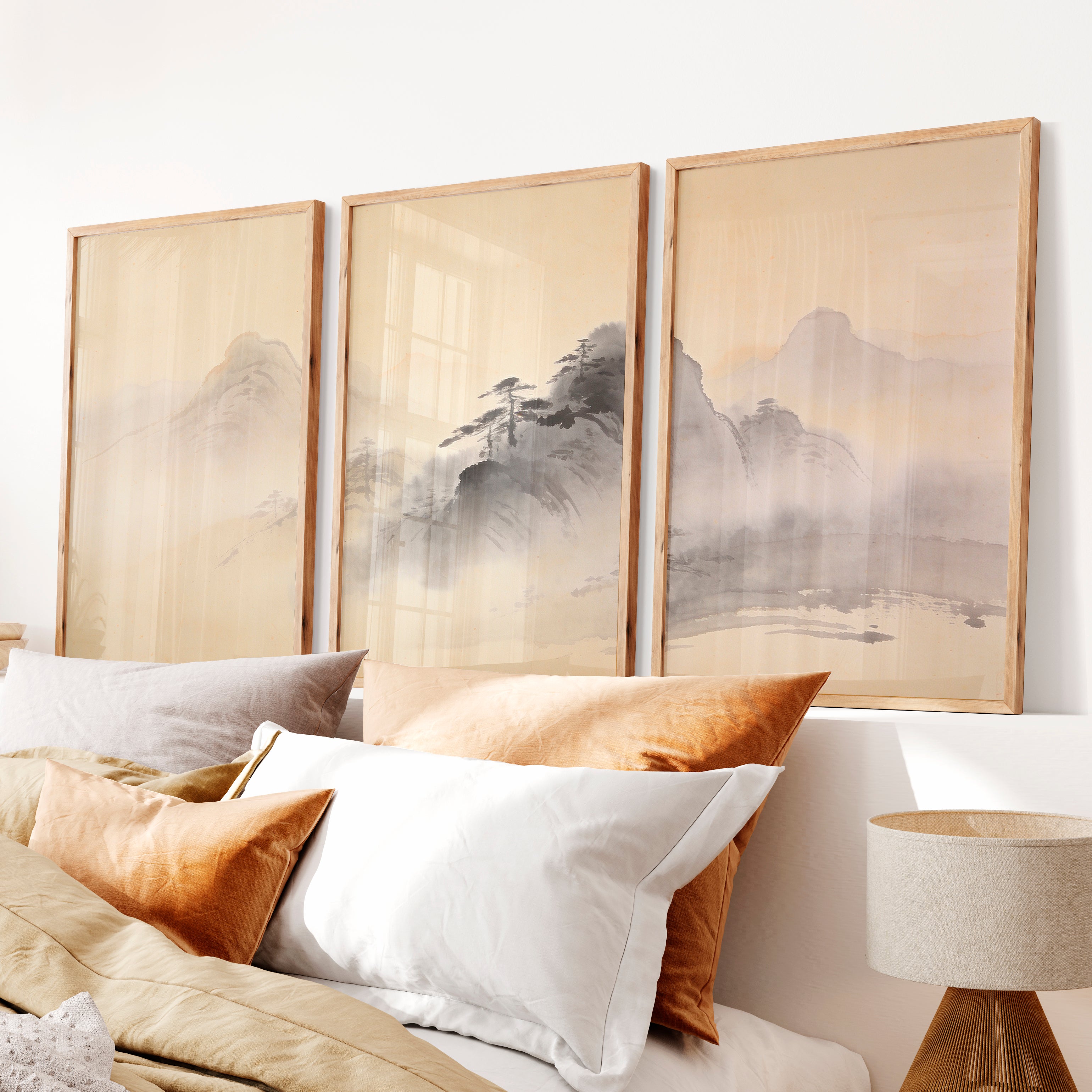 Misty Mountain japandi style painting with Pine Ridges - Natural Wood Framed Poster No Border - Artworksets