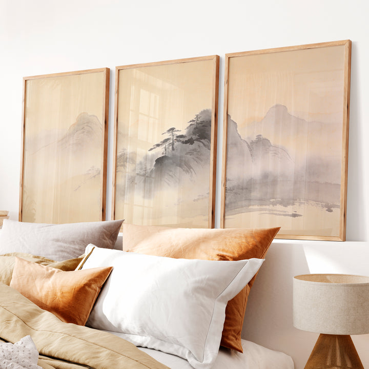 Misty Mountain japandi style painting with Pine Ridges - Natural Wood Framed Poster No Border - Artworksets