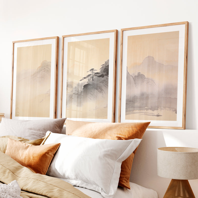 Misty Mountain japandi style painting with Pine Ridges- Natural Wood Framed Poster with White Border - Artworksets
