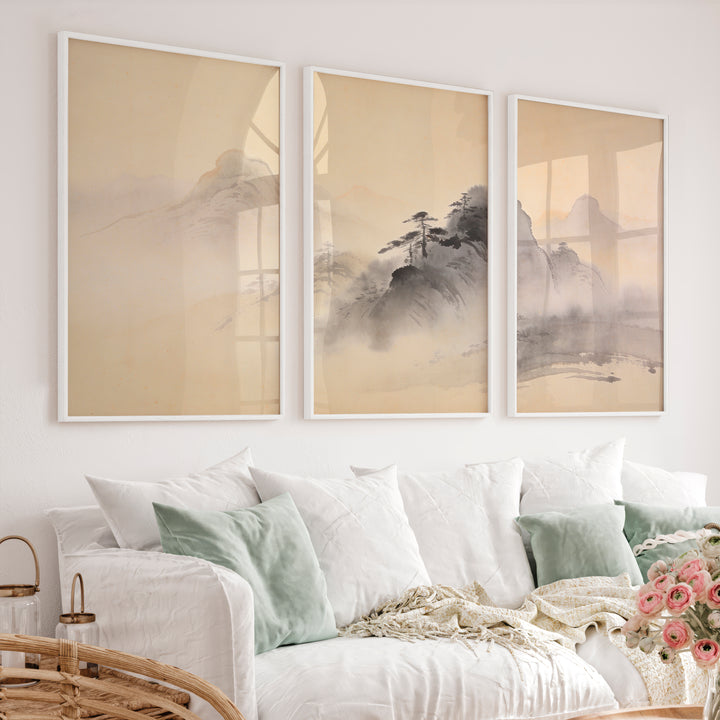 Misty Mountain japandi style painting with Pine Ridges - White Framed Poster No Border - Artworksets