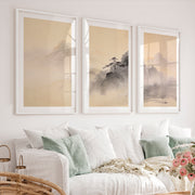 Misty Mountain japandi style painting with Pine Ridges - White Framed Poster with White Border - Artworksets