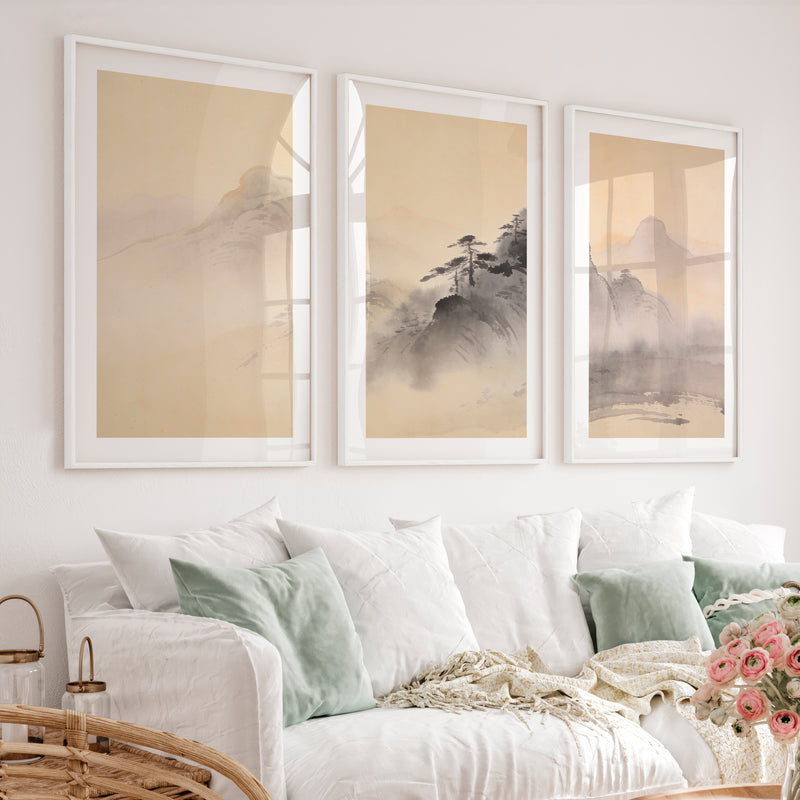 Misty Mountain japandi style painting with Pine Ridges - White Framed Poster with White Border - Artworksets