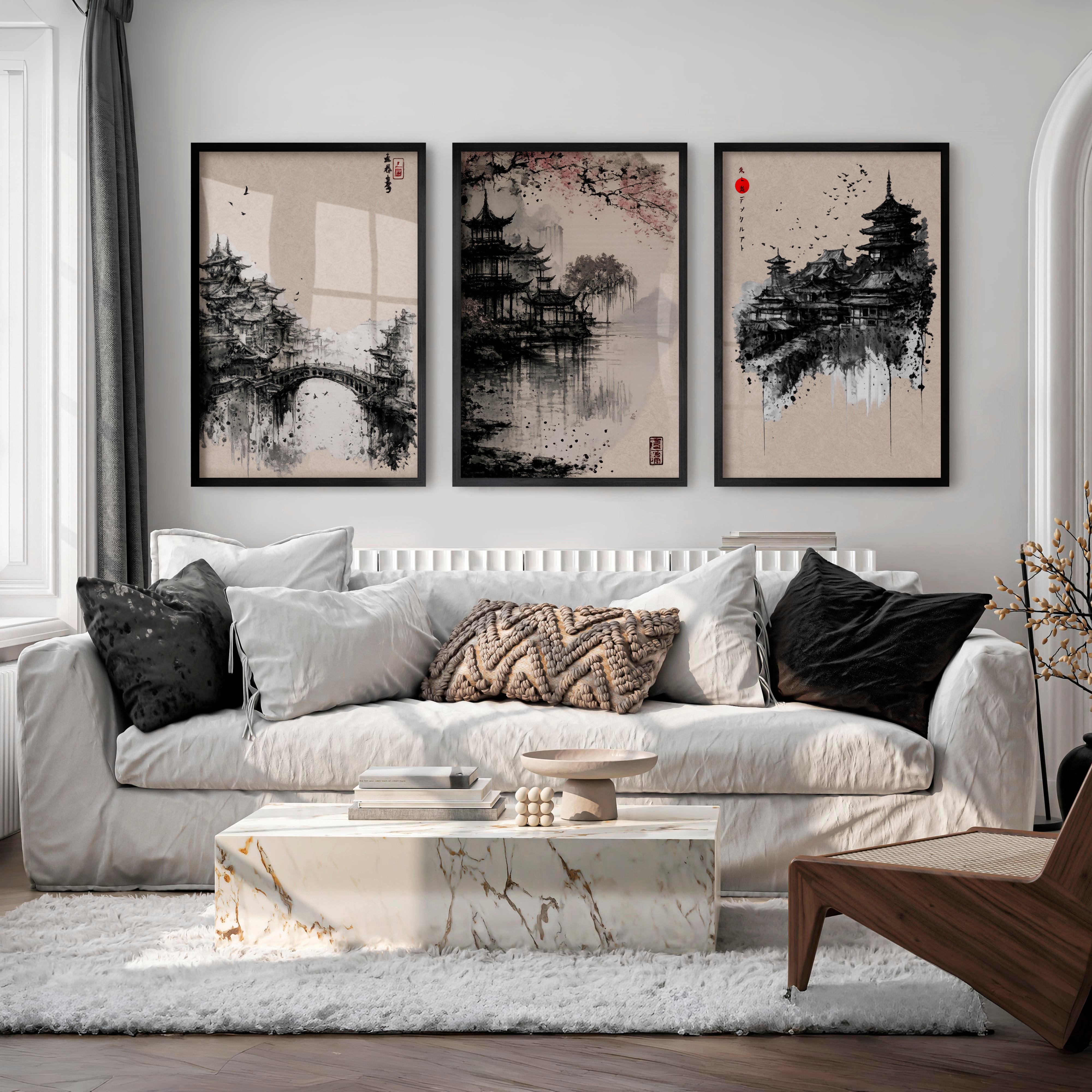 Pagoda Temple japandi style painting - Black Framed Poster No Border - Artworksets