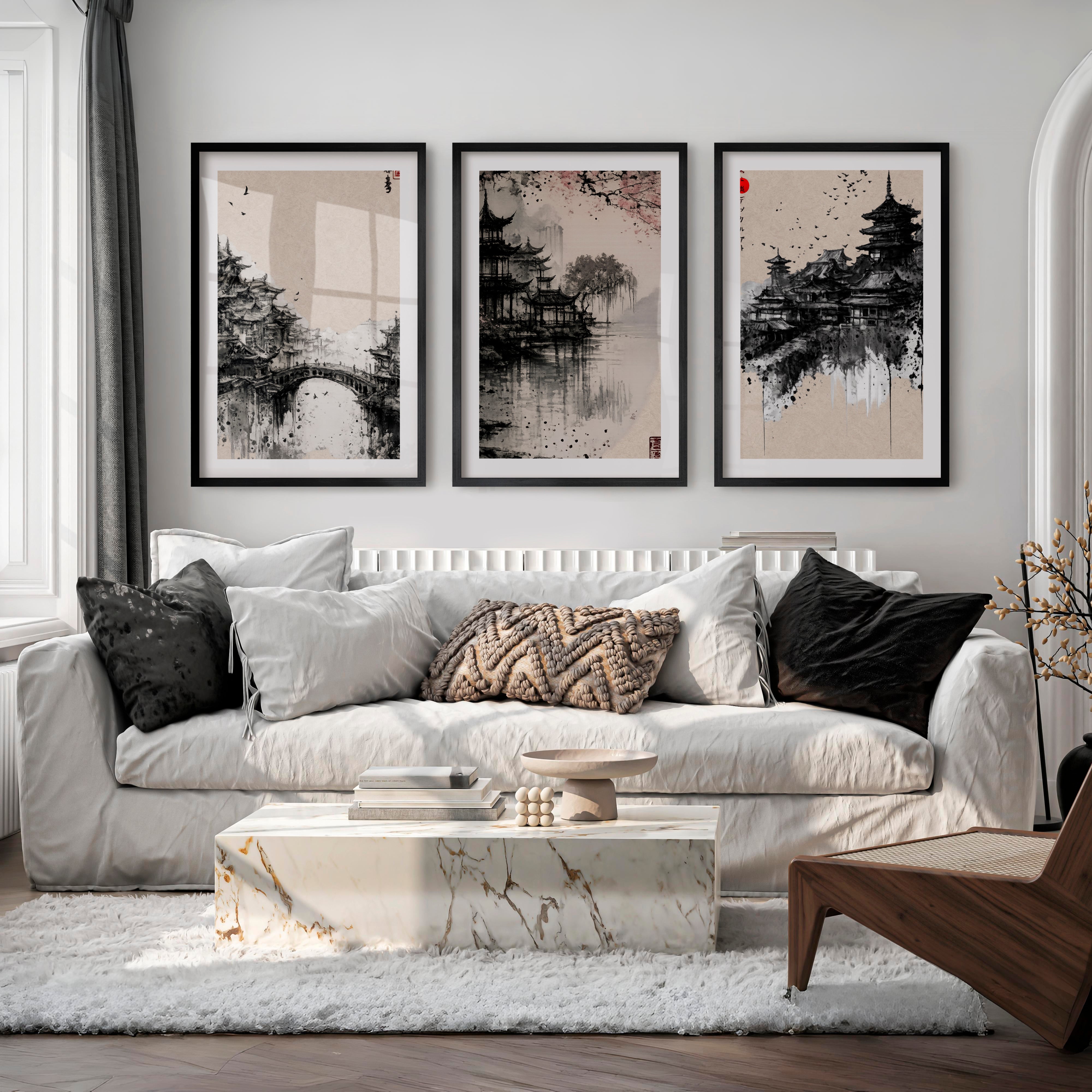 Pagoda Temple japandi style painting - Black Framed Poster with White Border - Artworksets