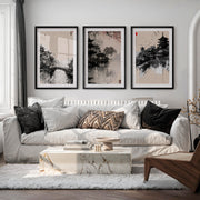 Pagoda Temple japandi style painting - Black Framed Poster with White Border - Artworksets