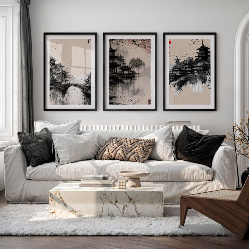 Pagoda Temple japandi style painting - Black Framed Poster with White Border - Artworksets