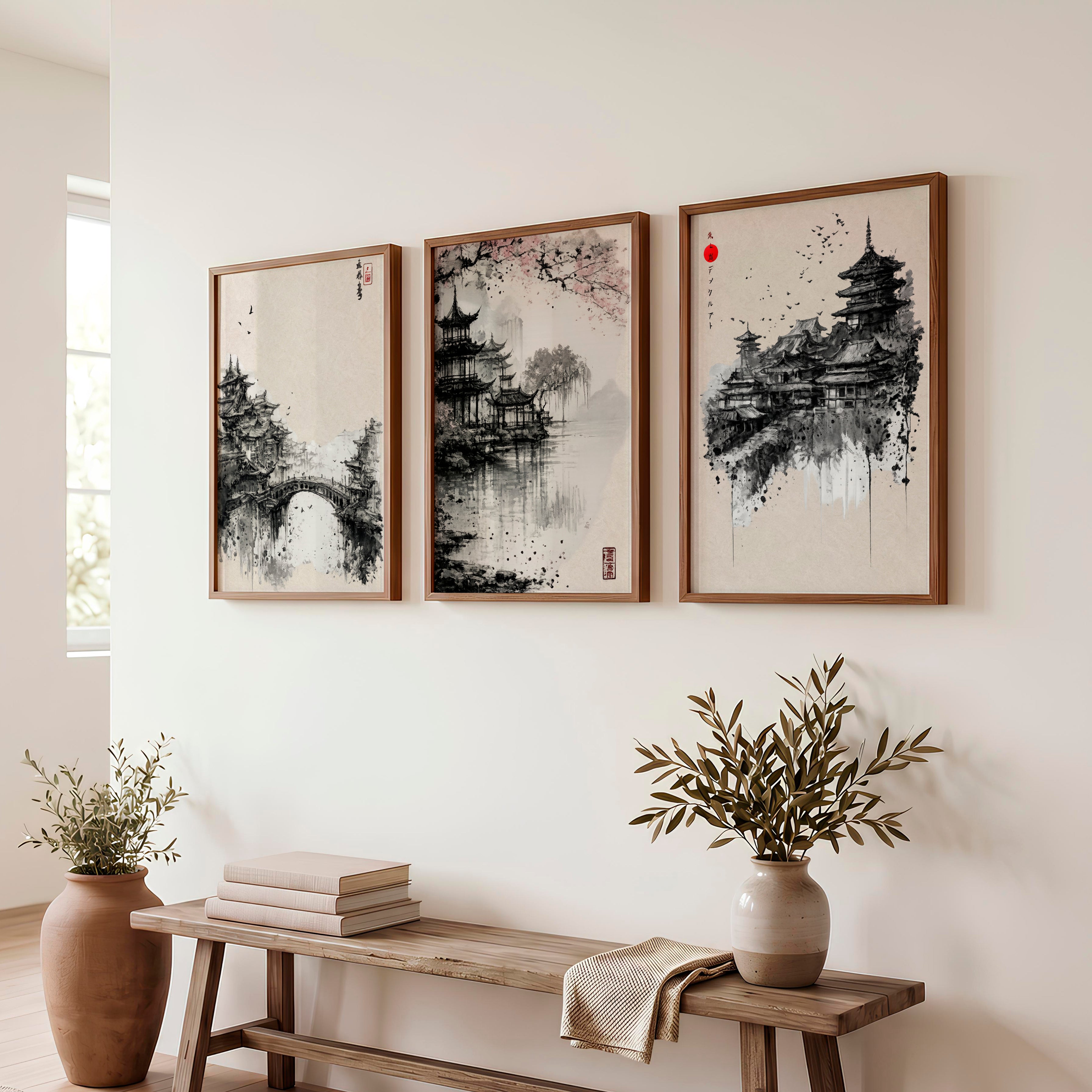 Pagoda Temple japandi style painting - Dark Brown Framed Poster No Border - Artworksets