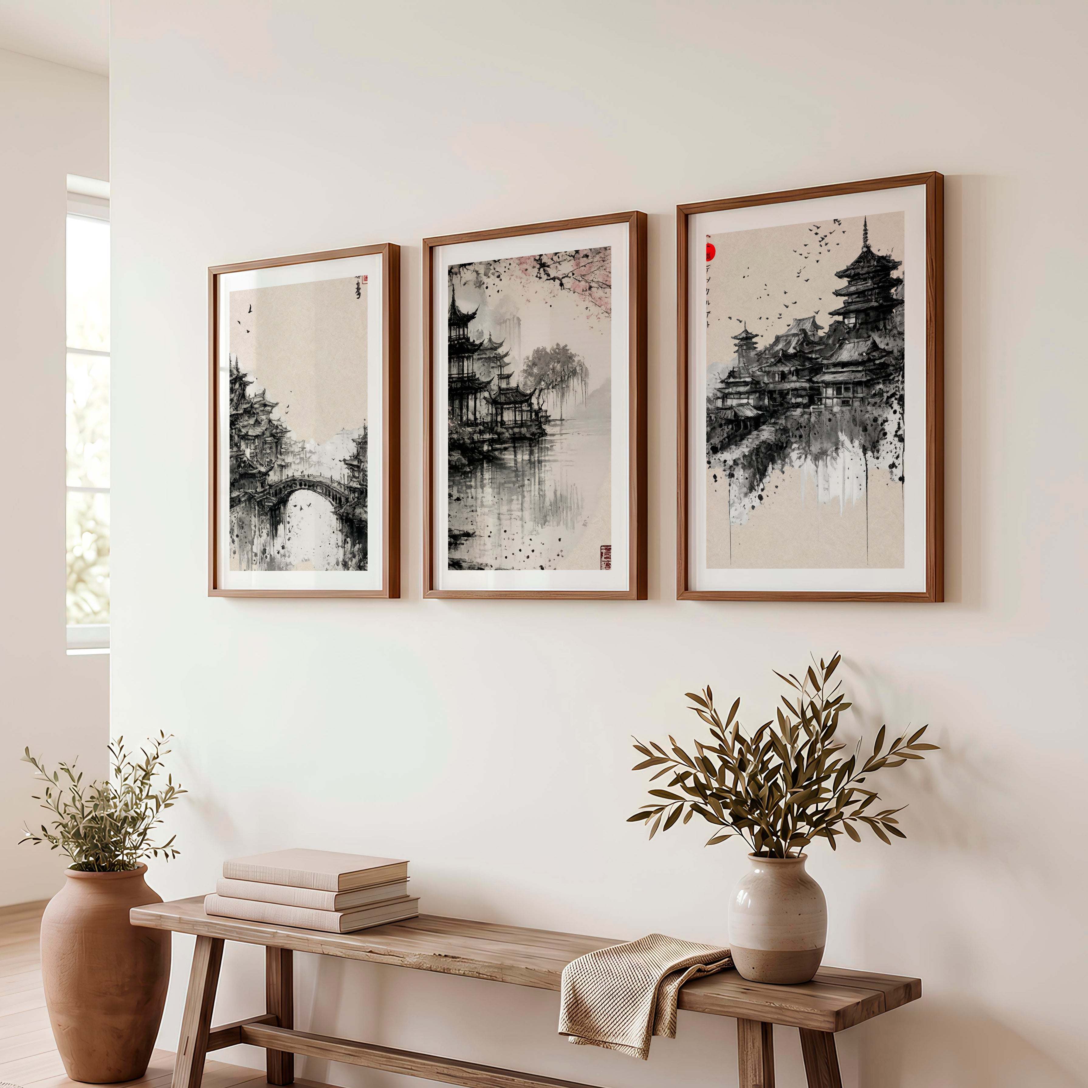 Pagoda Temple japandi style painting - Dark Brown Framed Poster with White Border - Artworksets