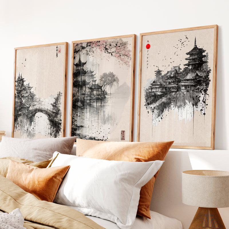 Pagoda Temple japandi style painting - Natural Wood Framed Poster No Border - Artworksets