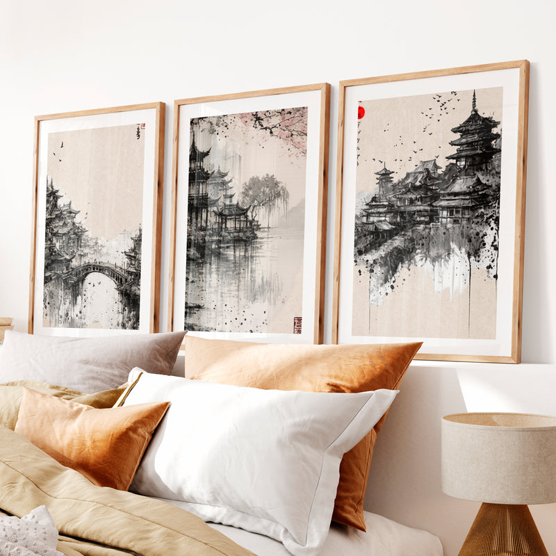 Pagoda Temple japandi style painting- Natural Wood Framed Poster with White Border - Artworksets