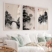 Pagoda Temple japandi style painting - White Framed Poster No Border - Artworksets