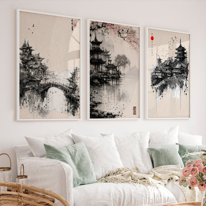 Pagoda Temple japandi style painting - White Framed Poster No Border - Artworksets