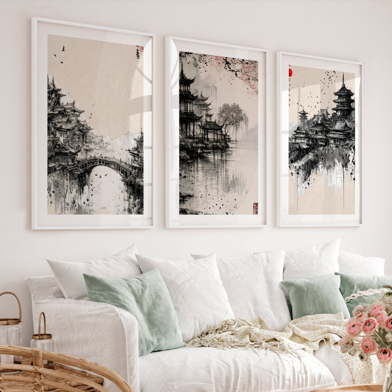 Pagoda Temple japandi style painting - White Framed Poster with White Border - Artworksets
