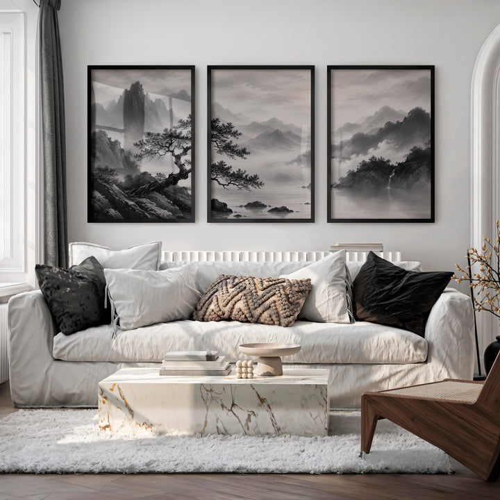 Pine Over Mountain Mist japandi style painting - Black Framed Poster No Border - Artworksets