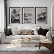 Pine Over Mountain Mist japandi style painting - Black Framed Poster with White Border - Artworksets