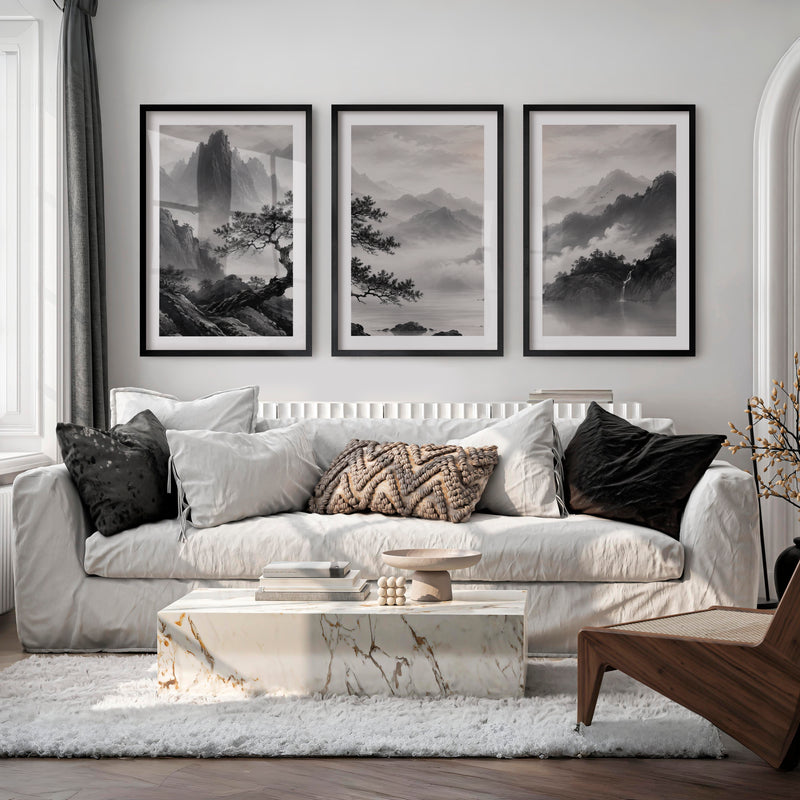 Pine Over Mountain Mist japandi style painting - Black Framed Poster with White Border - Artworksets