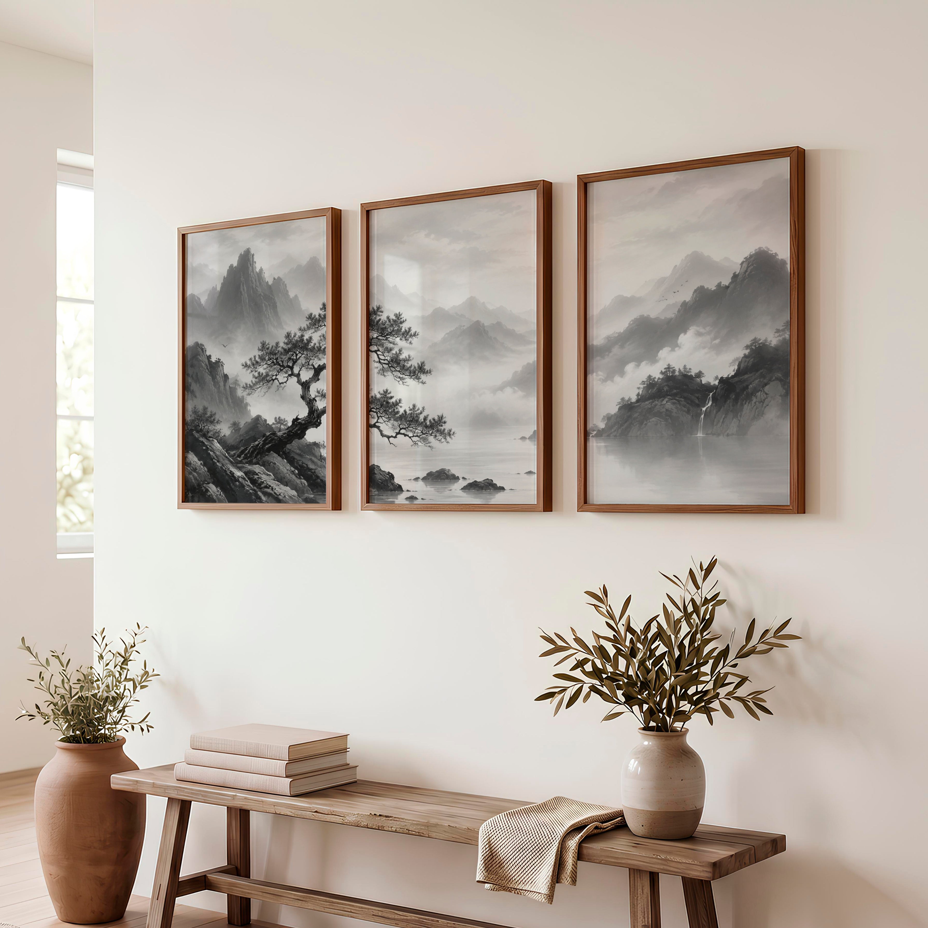 Pine Over Mountain Mist japandi style painting - Dark Brown Framed Poster No Border - Artworksets