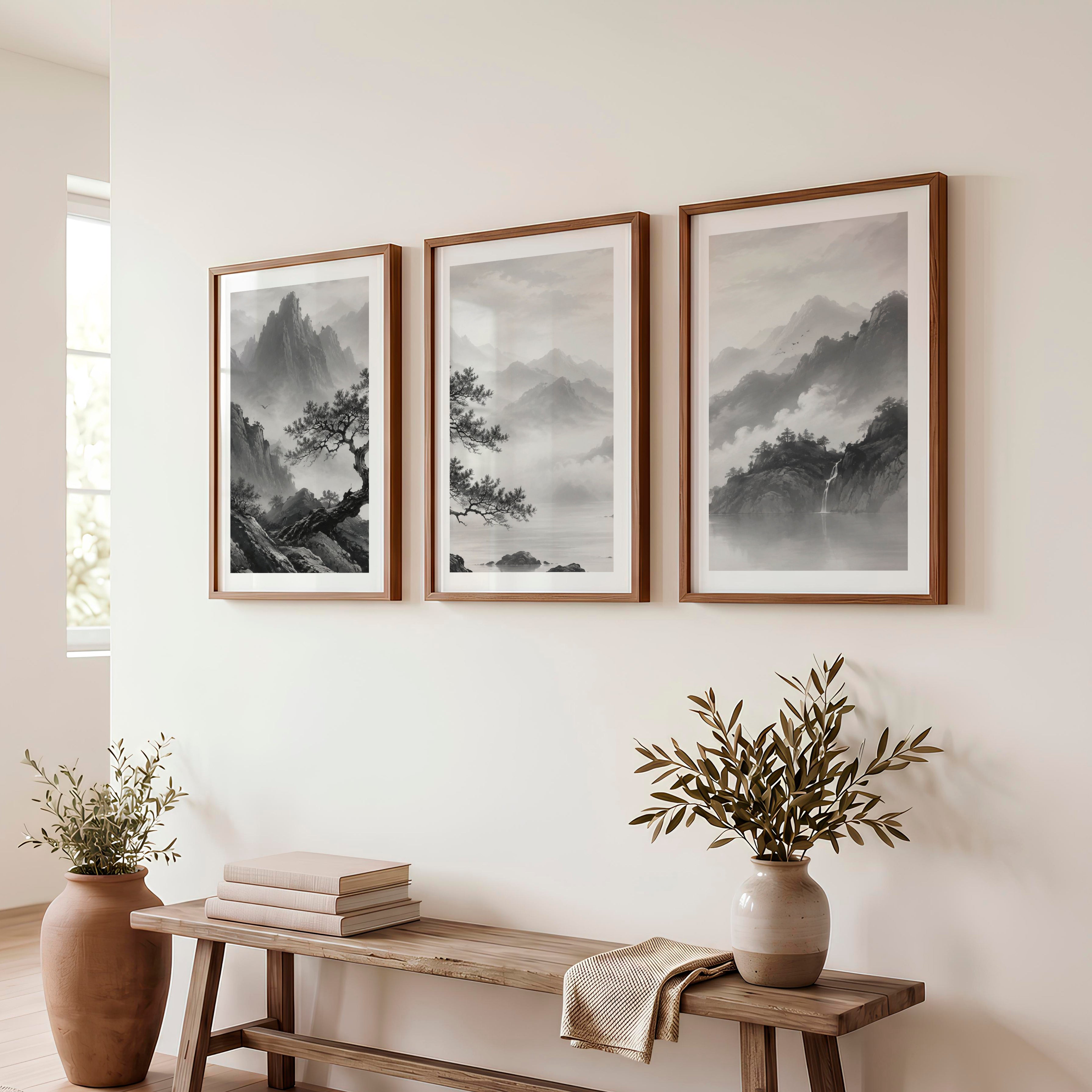 Pine Over Mountain Mist japandi style painting - Dark Brown Framed Poster with White Border - Artworksets