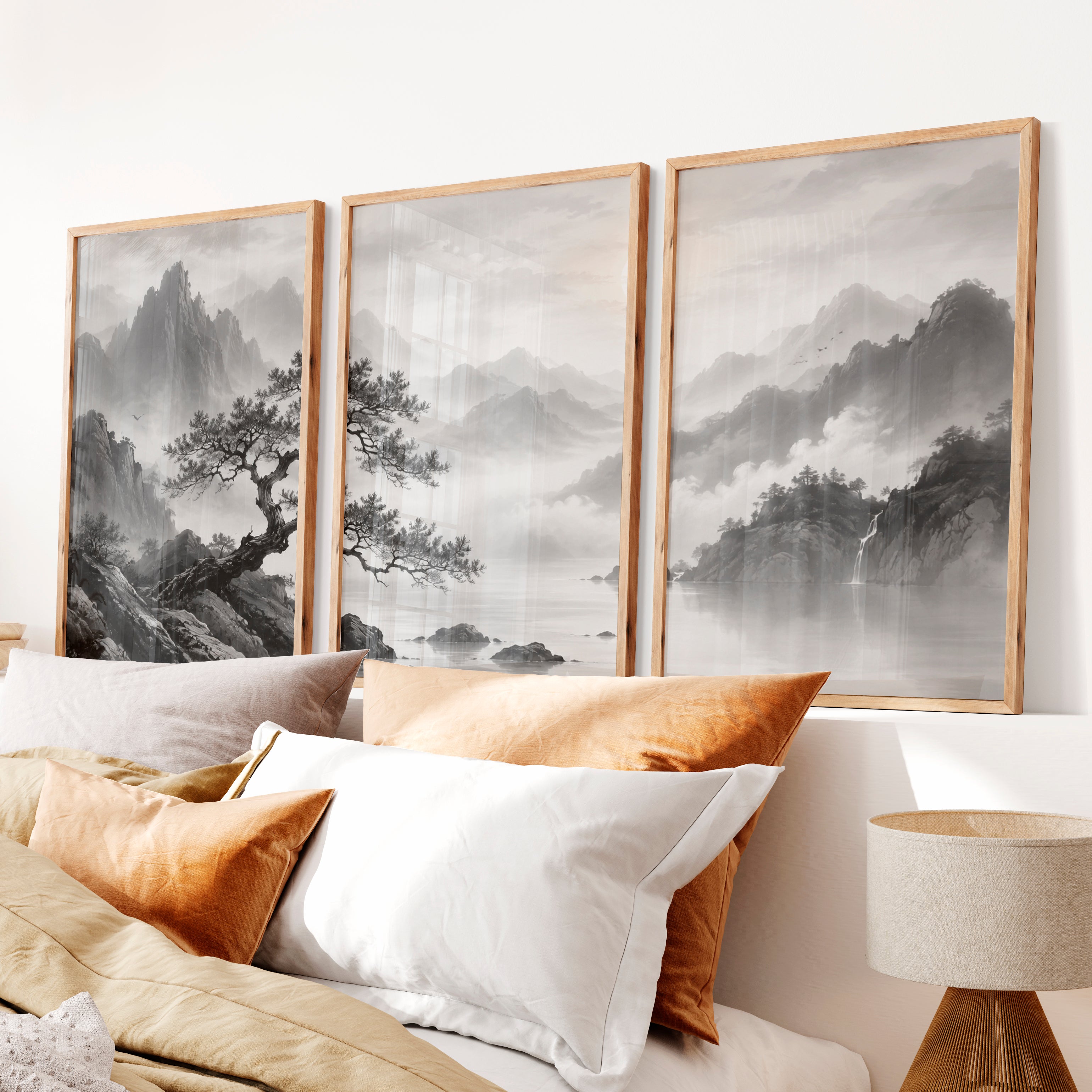 Pine Over Mountain Mist japandi style painting - Natural Wood Framed Poster No Border - Artworksets