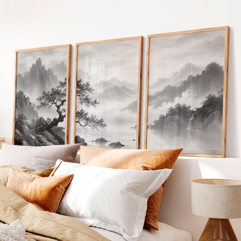Pine Over Mountain Mist japandi style painting - Natural Wood Framed Poster No Border - Artworksets