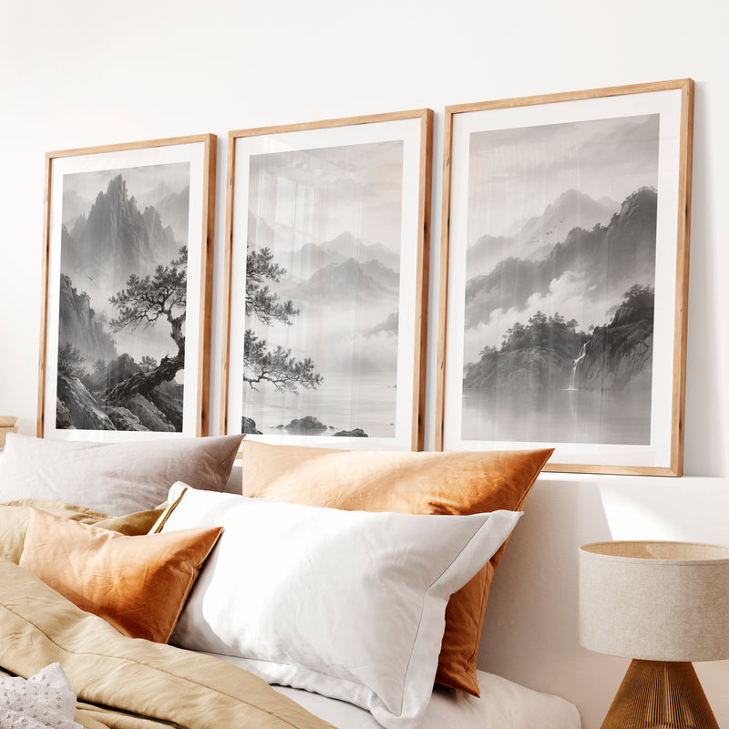 Pine Over Mountain Mist japandi style painting- Natural Wood Framed Poster with White Border - Artworksets