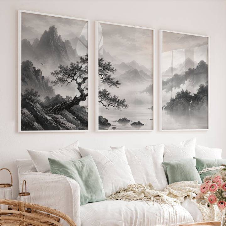 Pine Over Mountain Mist japandi style painting - White Framed Poster No Border - Artworksets