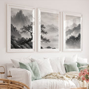 Pine Over Mountain Mist japandi style painting - White Framed Poster with White Border - Artworksets