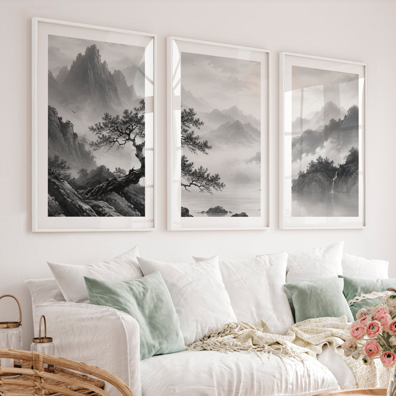 Pine Over Mountain Mist japandi style painting - White Framed Poster with White Border - Artworksets