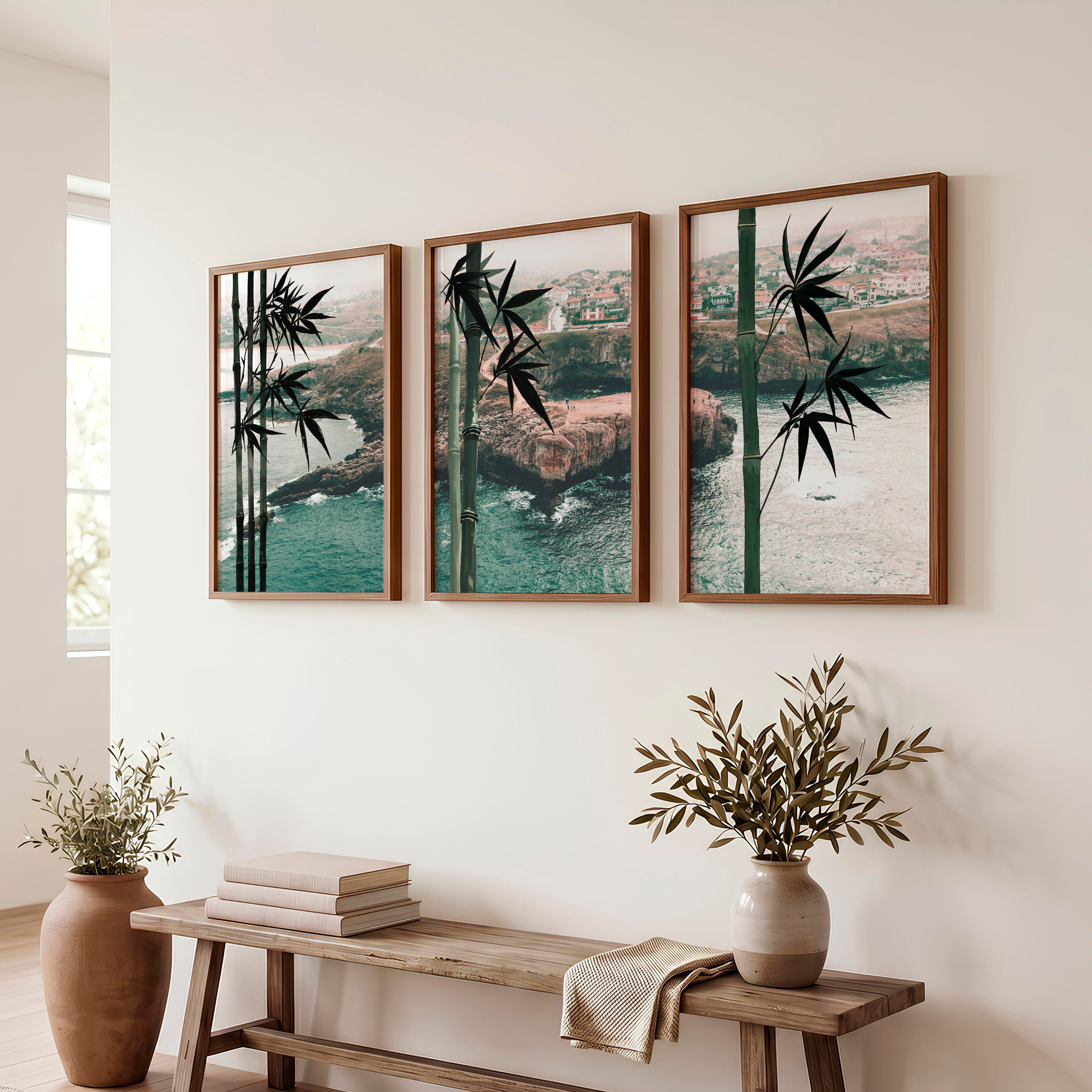 Green Bamboo japandi style poster - Dark Brown Framed Poster No Border - Artworksets