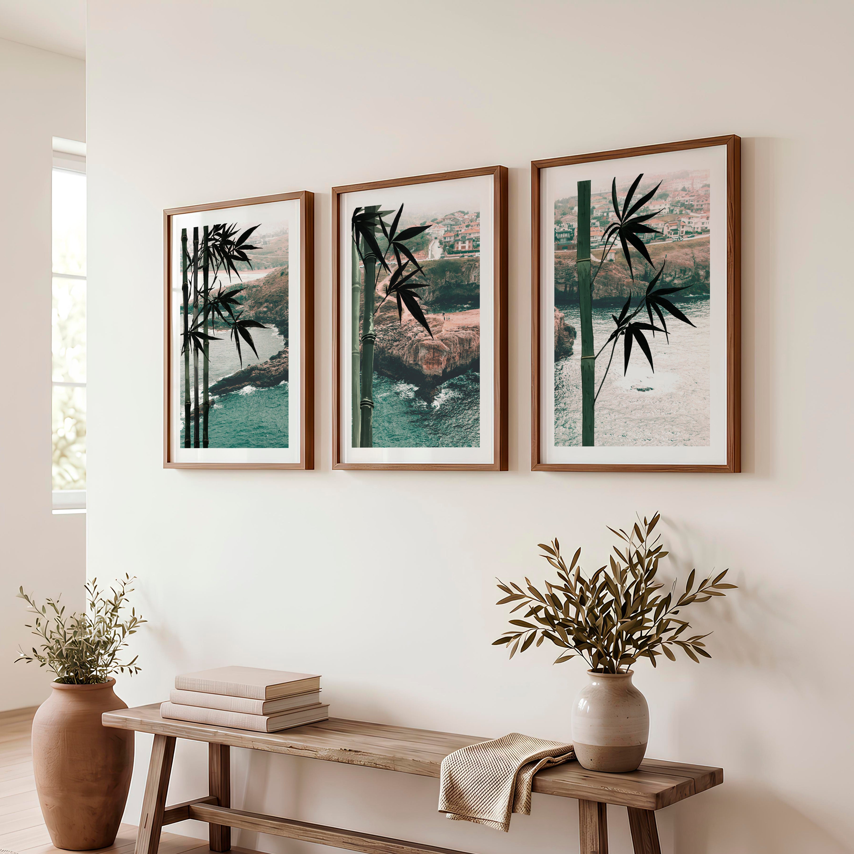 Green Bamboo japandi style poster - Dark Brown Framed Poster with White Border - Artworksets