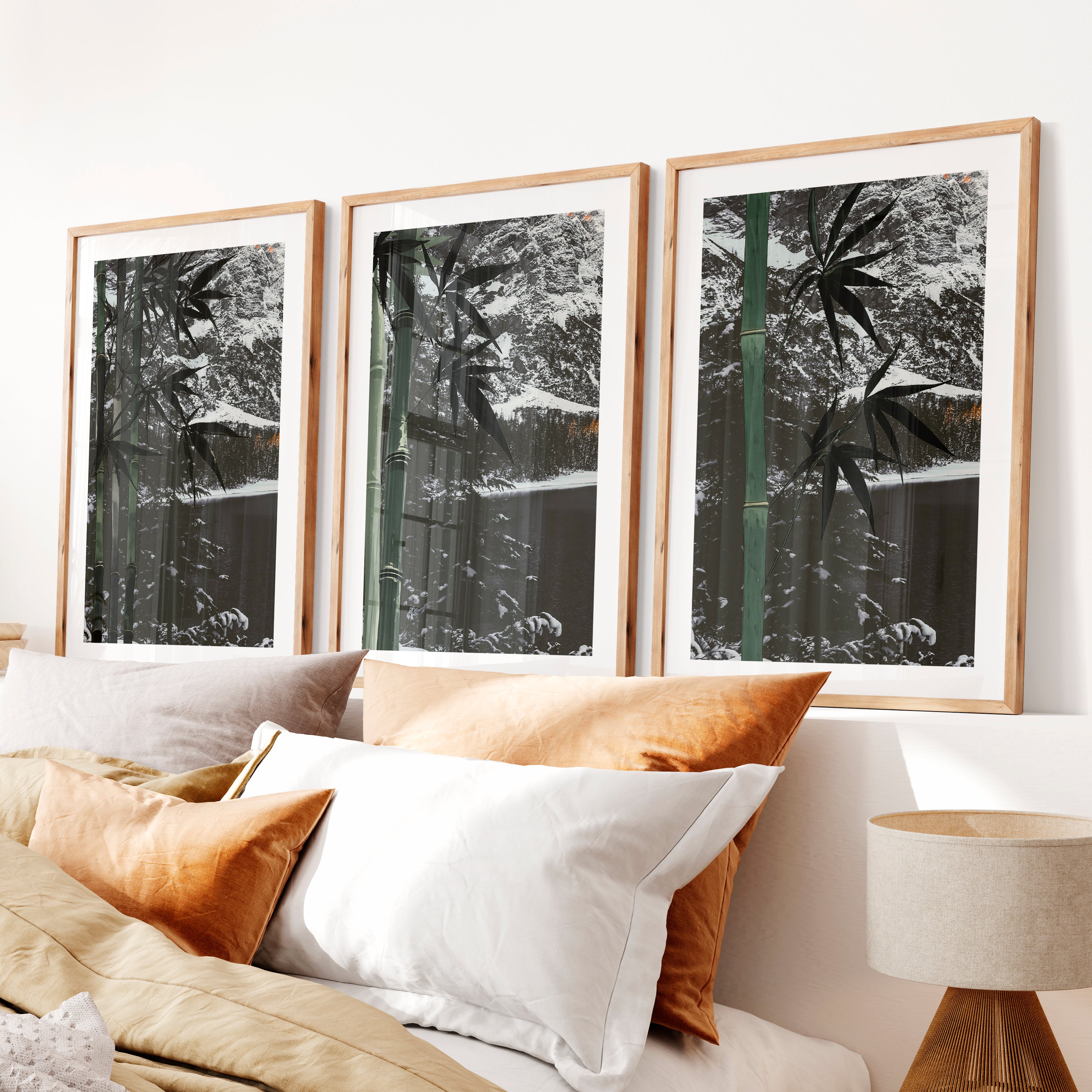 Green Bamboo japandi style poster- Natural Wood Framed Poster with White Border - Artworksets
