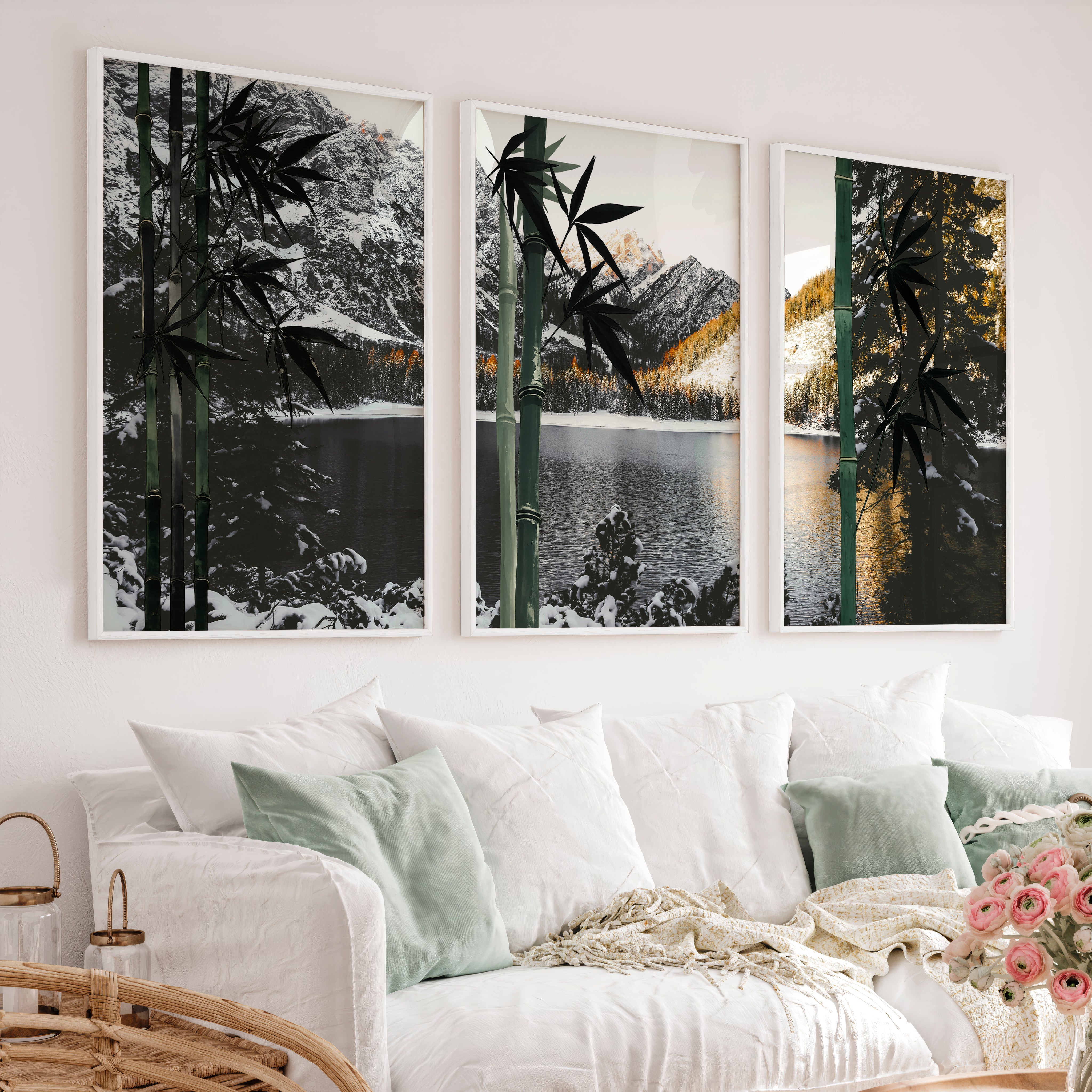 Green Bamboo japandi style poster - White Framed Poster No Border - Artworksets