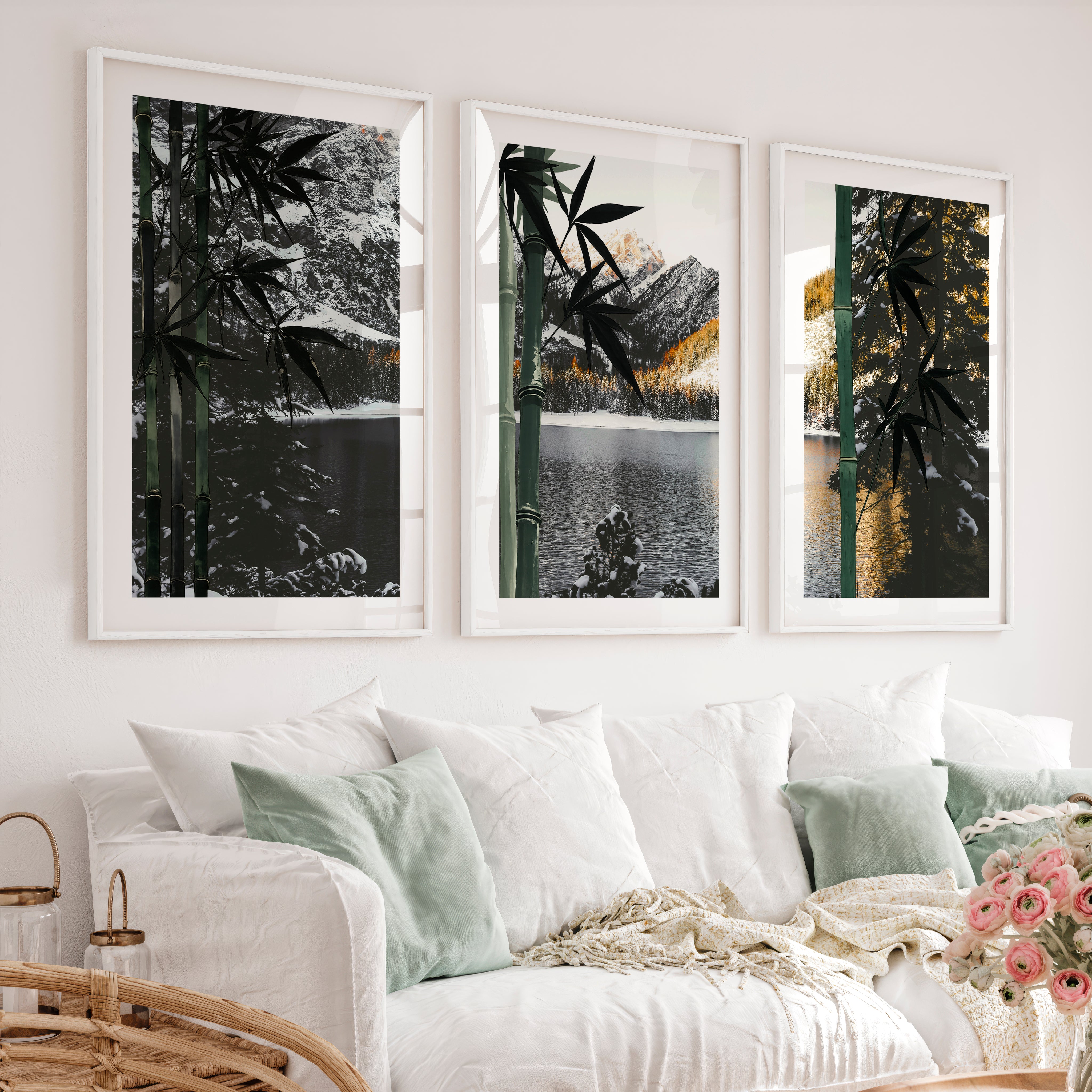 Green Bamboo japandi style poster - White Framed Poster with White Border - Artworksets