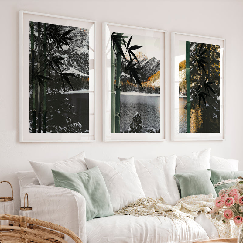Green Bamboo japandi style poster - White Framed Poster with White Border - Artworksets
