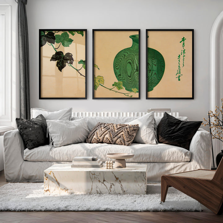 Green Vase Japandi Style Room Wall Art - Black Framed Poster No Border - Artworksets