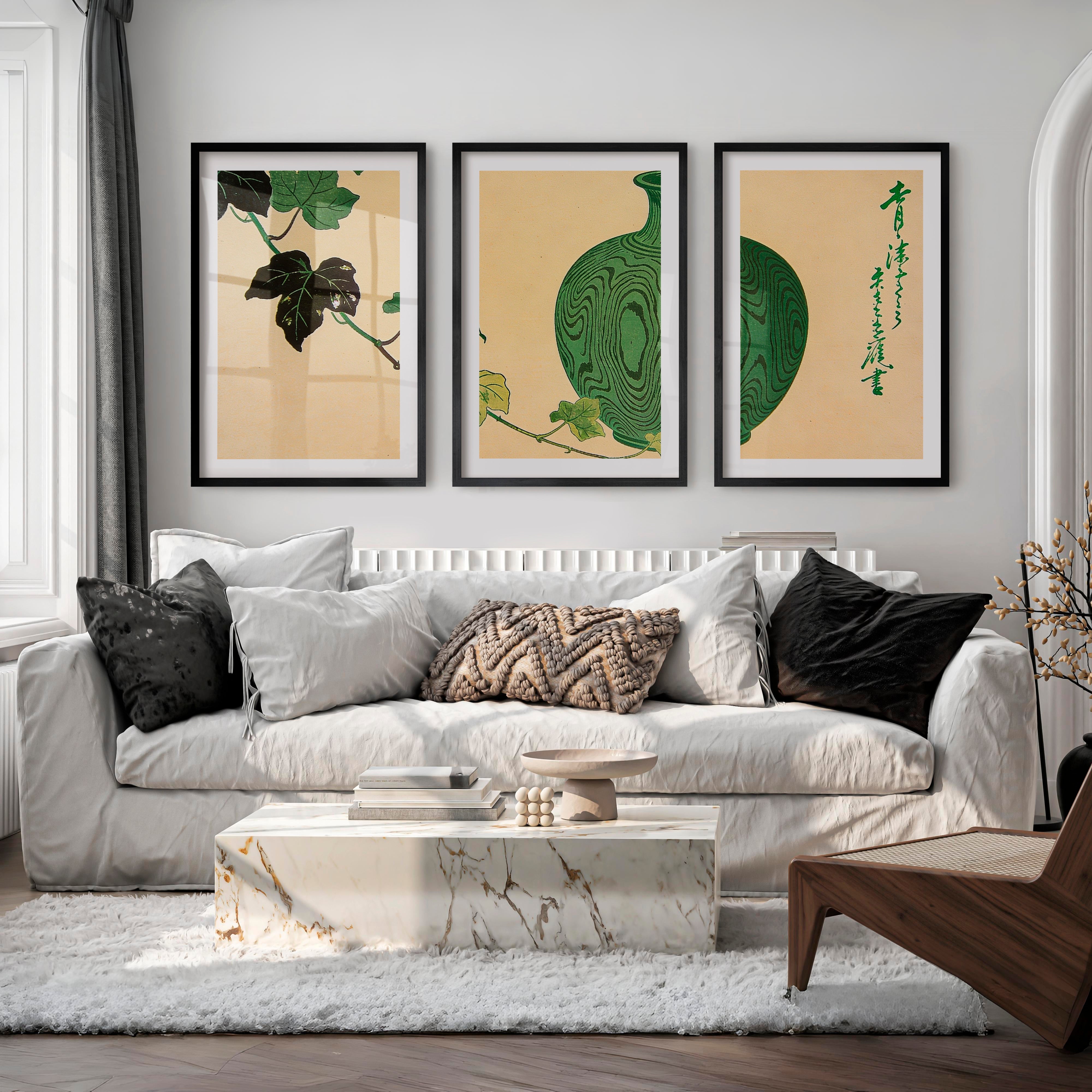 Green Vase Japandi Style Room Wall Art - Black Framed Poster with White Border - Artworksets