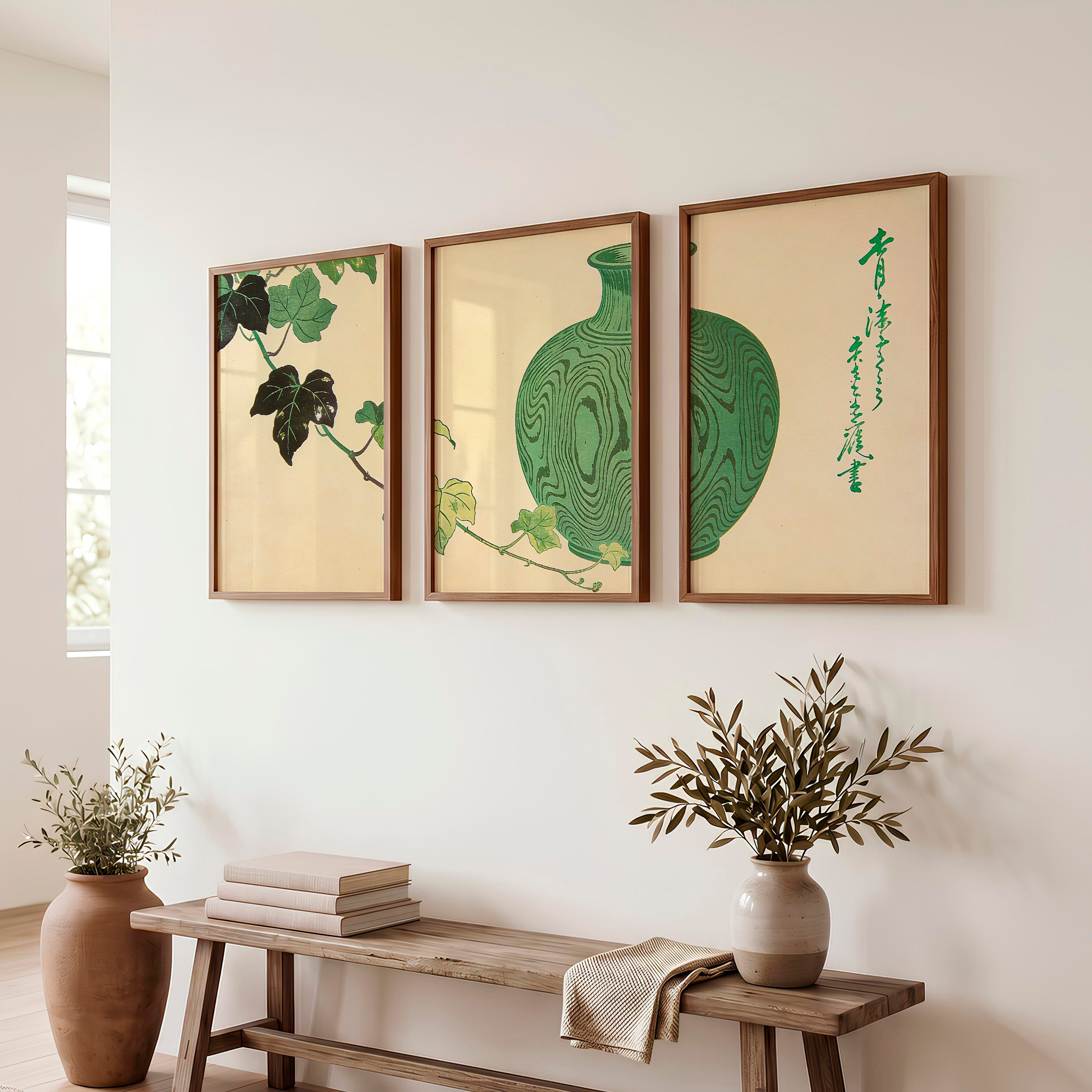 Green Vase Japandi Style Room Wall Art - Dark Brown Framed Poster No Border - Artworksets