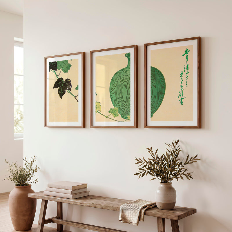 Green Vase Japandi Style Room Wall Art - Dark Brown Framed Poster with White Border - Artworksets
