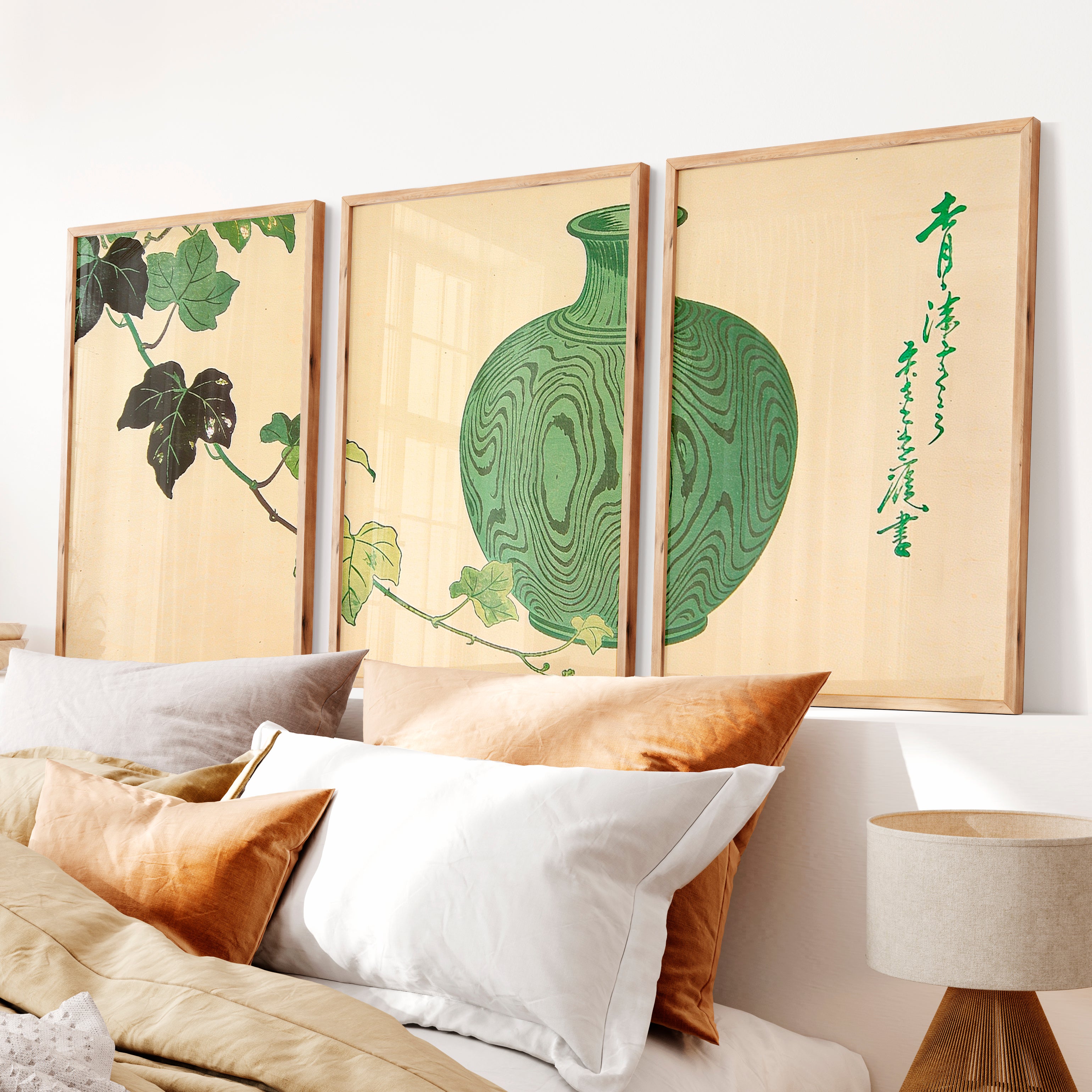 Green Vase Japandi Style Room Wall Art - Natural Wood Framed Poster No Border - Artworksets