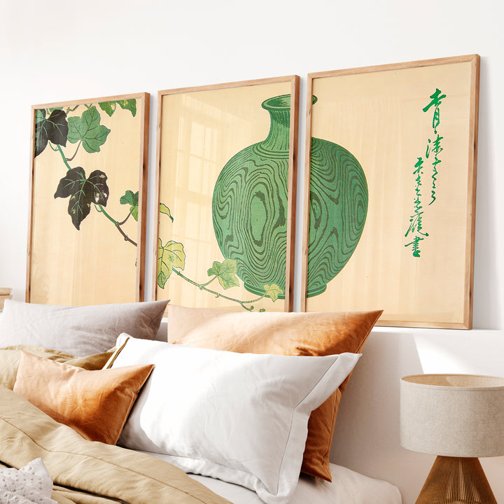 Green Vase Japandi Style Room Wall Art - Natural Wood Framed Poster No Border - Artworksets