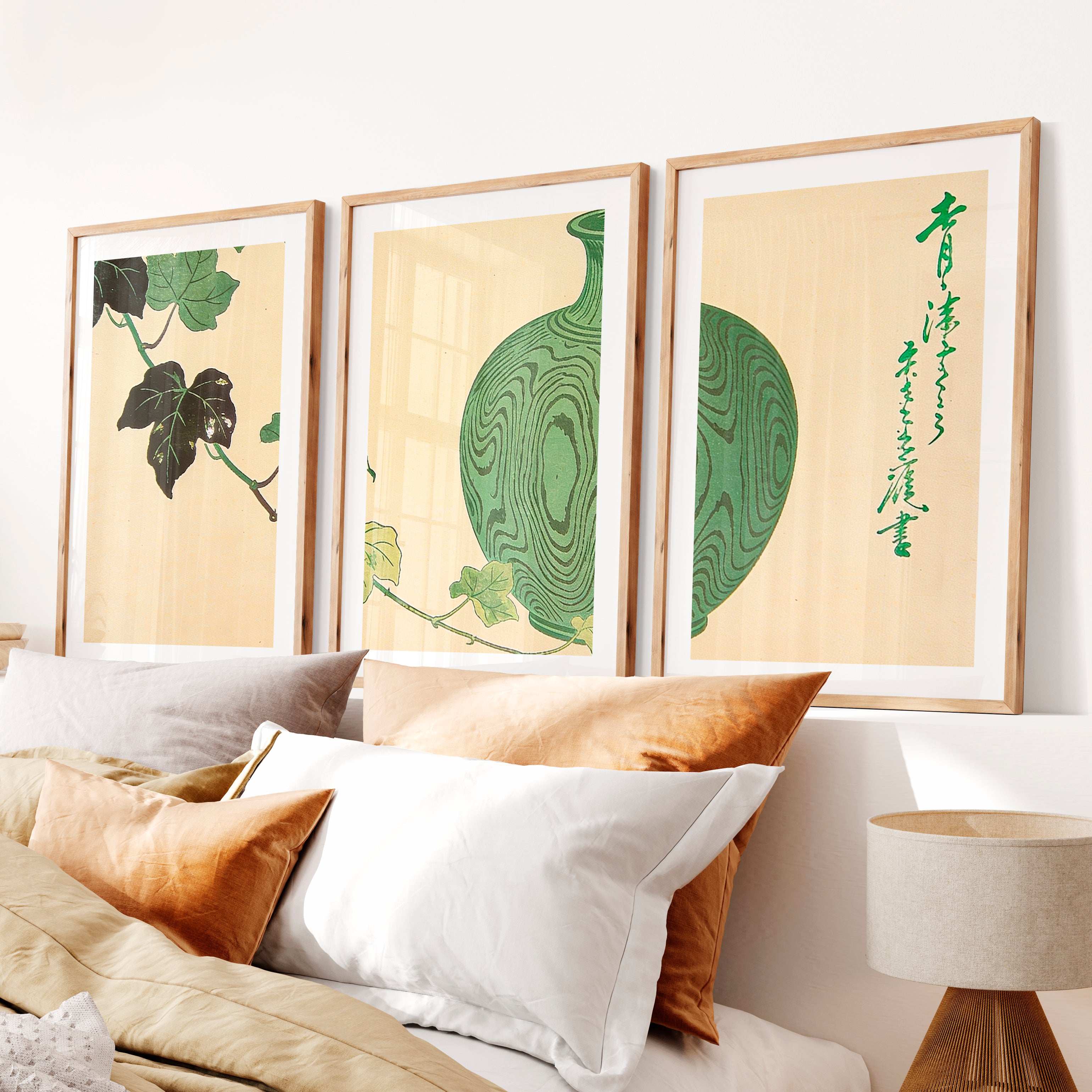 Green Vase Japandi Style Room Wall Art- Natural Wood Framed Poster with White Border - Artworksets