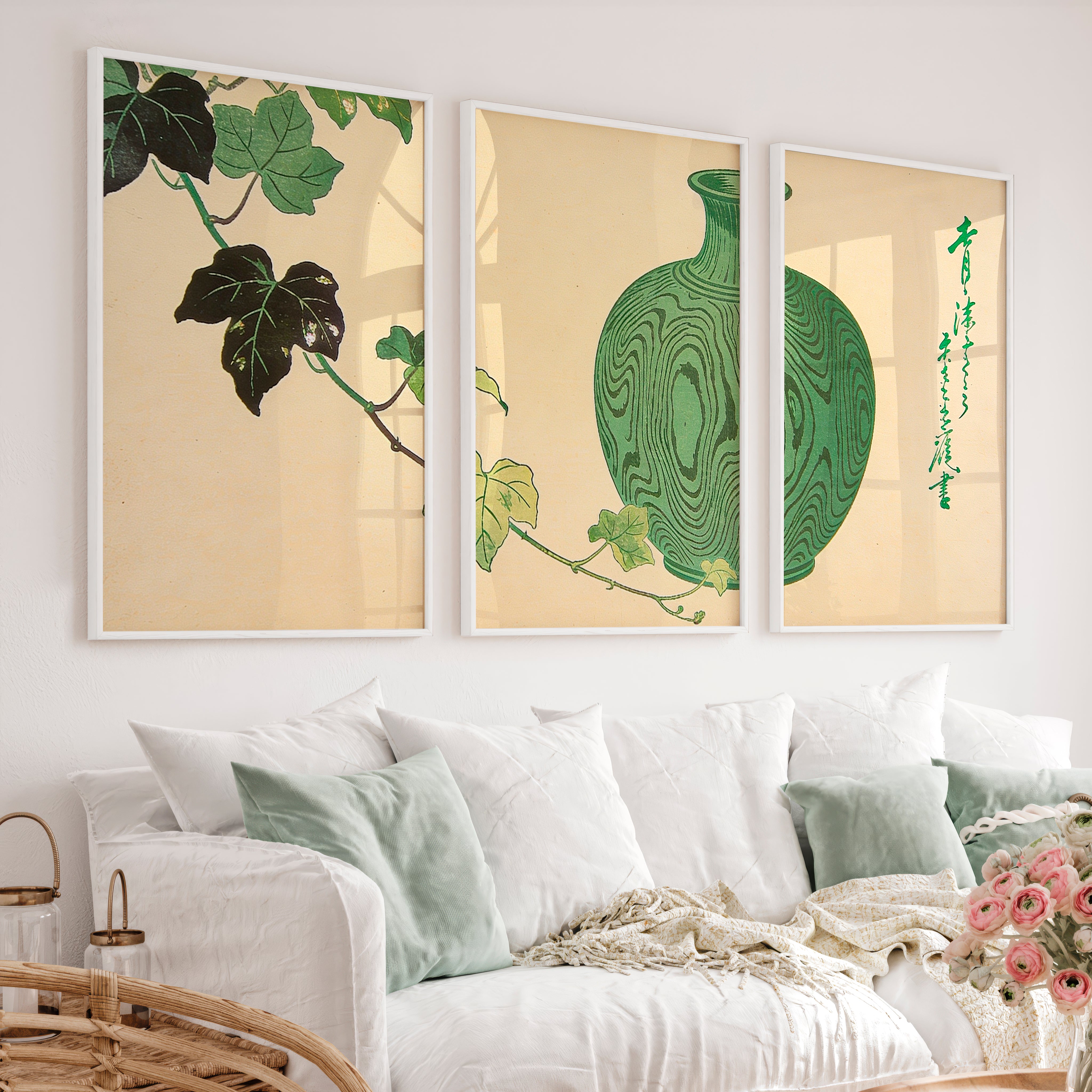 Green Vase Japandi Style Room Wall Art - White Framed Poster No Border - Artworksets