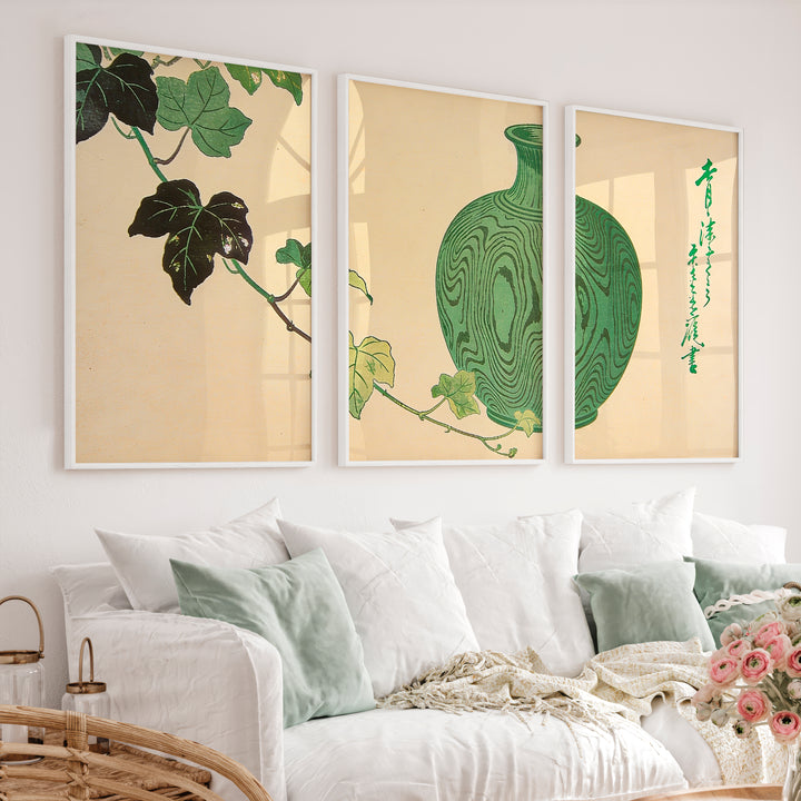Green Vase Japandi Style Room Wall Art - White Framed Poster No Border - Artworksets