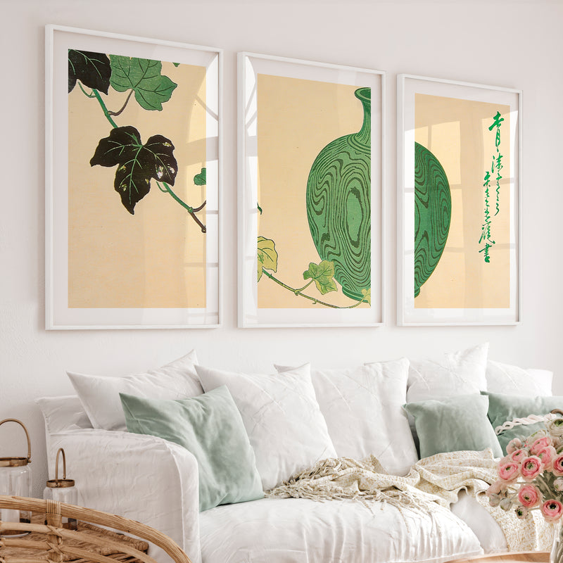 Green Vase Japandi Style Room Wall Art - White Framed Poster with White Border - Artworksets