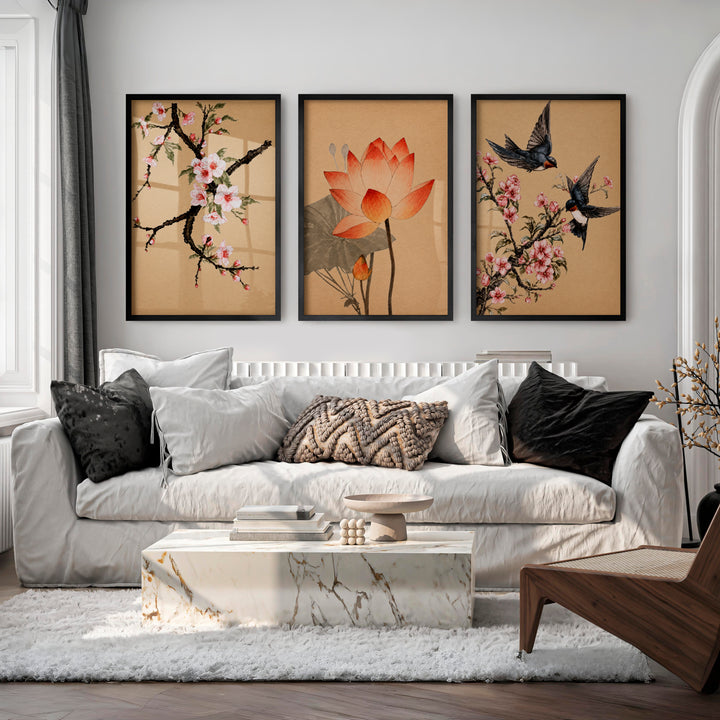 Lotus and Blossom Japandi Style Room Art - Black Framed Poster No Border - Artworksets